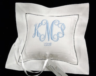 Ring bearer pillow, Irish linen with monogram, Custom personalized something blue for bride, Wedding ring cushion  jfyBride Style 6153
