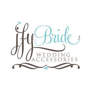 May include: A logo for a business called "Jfy Bride" that specializes in wedding accessories. The logo features a stylized script font with the word "Bride" in light blue and the word "Jfy" in brown. The text "Wedding Accessories" is written in brown below the logo.