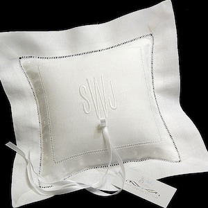 Monogrammed ring bearer pillow Personalized white linen ring cushion jfyBride Style 6150