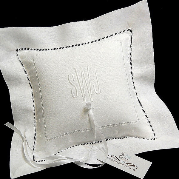 Monogrammed ring bearer pillow Personalized white linen ring cushion jfyBride Style 6150