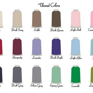 May include: A chart showing 24 different thread colors, each represented by a spool of thread. The colors include white, ivory, dark ivory, sable, dark brown, light pink, carnation pink, hot pink, fuchsia, red, burgundy, lavender, dark purple, light blue, aqua, sky blue, black, navy, dark gray, silver gray, spring green, emerald, lime green, and cantaloupe.