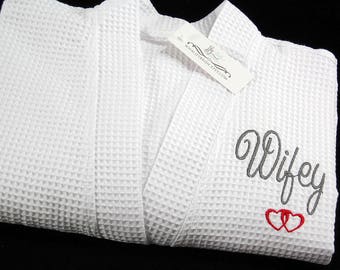 Personalized Wifey Robe: Cotton Waffle Weave, 2nd Anniversary Gift