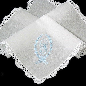 Personalized wedding handkerchief Brides something blue with monogram jfyBride