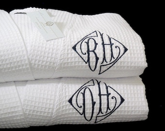 Monogram robes 2nd cotton anniversary gift for him Personalized waffle weave bathrobe for men or women jfyBride Set of 2 Robes