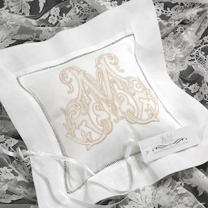 Monogrammed Ring Bearer Pillow embroidered with single initial, names and date on the back,  jfyBride Style 5221