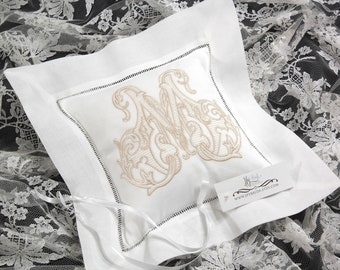 Monogrammed Ring Bearer Pillow embroidered with single initial, names and date on the back,  jfyBride Style 5221