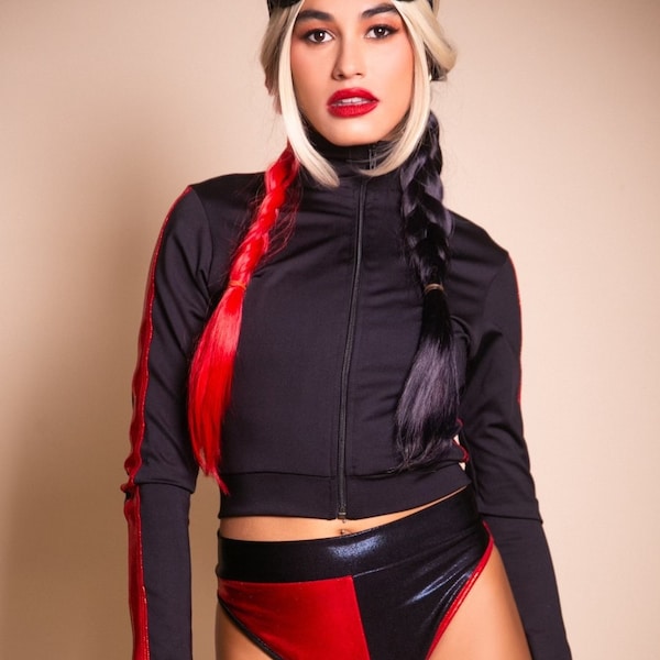 Sugarpuss Harlequin ZIP UP JACKET, Black with Red Hologram Stripe,  Zip-Up Crop Jacket, Cosplay Costume