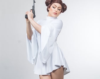 Sugarpuss SPACE REBEL PRINCESS Dress, White Mini Dress with Bell Sleeves, Flare Sleeve, Cosplay Costumes, Halloween