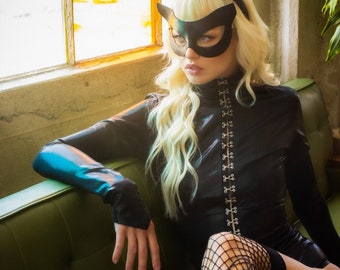 Sugarpuss BLACK CAT COSTUME with Buckles, Cat Suit, Shiny Black Vegan Leather Wetlook, Onepiece Suit