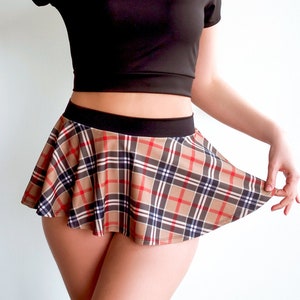 Sugarpuss PLAID MINI SKIRT, Tan Plaid High-waist Ultra Mini Skirt, Pin-Up Schoolgirl Cosplay