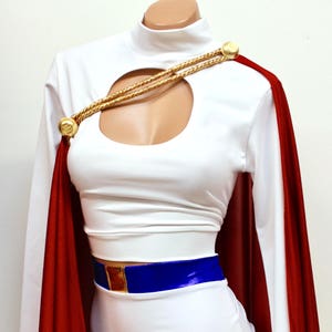 Sugarpuss POWER HEROINE SET, Long Sleeve Crop Top with Keyhole, Highwaist Cheeky Bottoms, and Red Superhero Cape, Cosplay Costume
