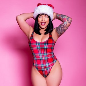 Sugarpuss RED PLAID VELVET Scoopneck Bodysuit, Plaid Plush Velvet Tank Suit, Christmas Lingerie, Thong Back One-piece