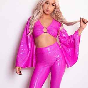 Sugarpuss Hot Pink Hologram Disco Set: 70s Ring Top & Bell Bottoms, Holographic Sparkly Fuchsia Festival Costume Outfit