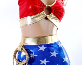 Sugarpuss STAR SUPERHEROINE SET, Sportliches Ring-Top und Highwaist Böden mit Gold Lasso, Superheld Cosplay Kostüm