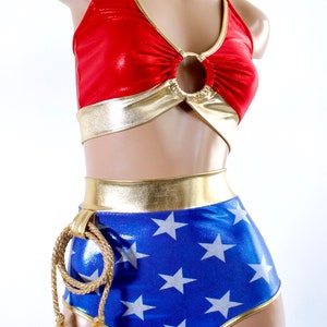 Sugarpuss STAR SUPERHEROINE SET, Sporty Ring Top and Highwaist Bottoms with Gold Lasso, Superhero Cosplay Costume