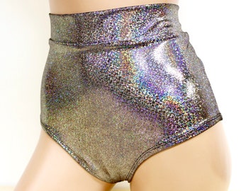 Sugarpuss HIGHWAIST HOLOGRAM SHORTS, Silver Metallic Cheeky Bottoms, Cosplay Costume, Futuristic Rave Edm Clothing