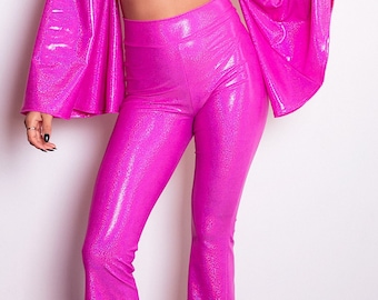 Sugarpuss HOLOGRAM BELL BOTTOMS, Hot Pink Hologram Flare Pants, Disco
