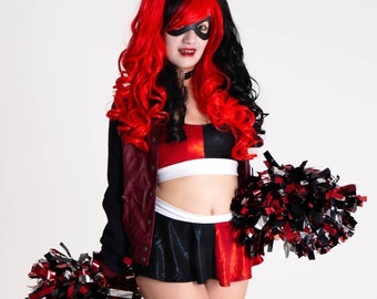 Sugarpuss HARLEQUIN SKIRT COSTUME Set, Crop Tank with Band, Mini Circle Skirt, Red Black Jester, Cosplay Costume