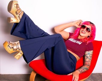 Pantalones Sugarpuss de cintura alta y campana, azul marino, estilo retro de los años 70