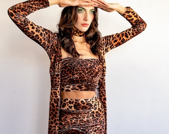 Sugarpuss COUNTRY POP STAR Leopard Set, Flare Pants, Tube Top, Choker, Hooded Duster Robe, Shania Twain, Cosplay Costume, Halloween