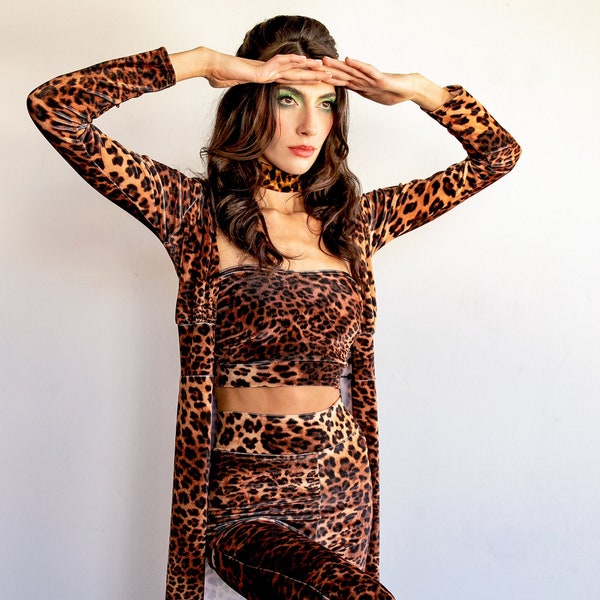 Sugarpuss COUNTRY POP STAR Leopard 3 Piece Set, Flare Pants, Tube Top, Choker, Hooded Duster Robe, Shania Twain