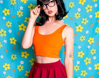 Sugarpuss BRAINS of the MYSTERY GANG Set, Orange Crop Tank Top, Burgundy Mini Circle Skirt, Cosplay Costume