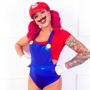 Sugarpuss GAMING BROS COSTUME Set, Blue Metallic Overalls w Red Crop Tee, Add Red Hat, Cosplay Costume