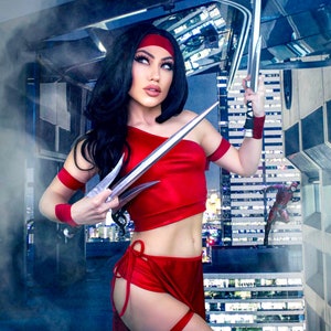 Sugarpuss RED ASSASSIN COSTUME, Metallic Asymmetrical Top, Lowrise Brazilian Bottoms, Ninja Tie Skirt, Headwrap and Ties, Elektra, Cosplay
