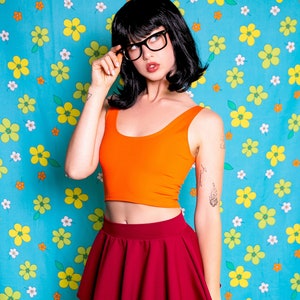 Sugarpuss BRAINS of the MYSTERY GANG Set, Orange Crop Tank Top, Burgundy Mini Circle Skirt, Cosplay Costume