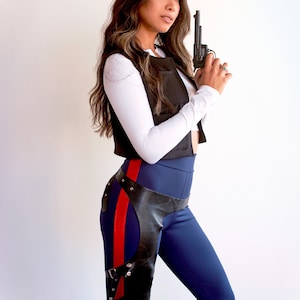 Sugarpuss SPACE REBEL SET, White Crop Top, Vest, and Navy Pants w Red Stripe, Cosplay Costume Leggings