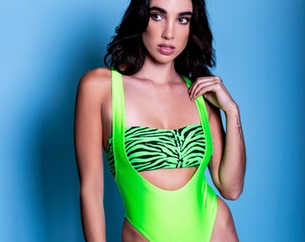 Sugarpuss SUSPENDER ONEPIECE SUIT in Lime, Neon Green Thongback Bodysuit, 80s Style Swimsuit, Aerobics Leotard