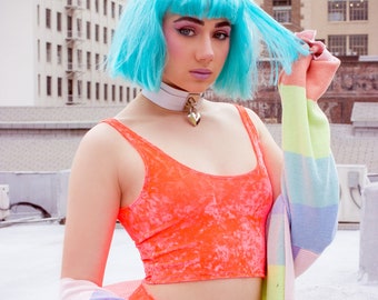 Sugarpuss VELVET CROP TANK, Neon Coral Crushed Velvet Cropped Top, Blacklight Festival Tank Top, Rave Clothing