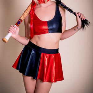 Sugarpuss HARLEQUIN COSTUME SET, Mini Crop Tank, Mini Circle Skirt, Red Black Jester Cosplay Villain