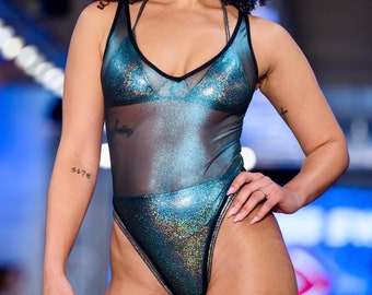 Sugarpuss HIGHCUT MESH BODYSUIT in Metallic Turquoise Sheer One-piece, 80s High Cut V-neck Thong Leotard