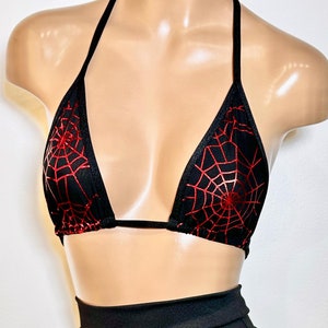 Sugarpuss TRIANGLE BIKINI TOP in Mesh Spiderweb with Red Metallic, Triangle Bikini Top, Spiderweb Patterned Bikini