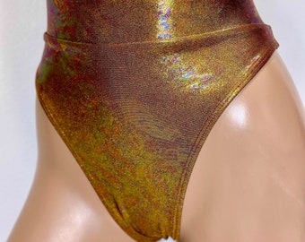 Sugarpuss HOLOGRAM SCRUNCHBACK BIKINITROSA, Högskuren Guld Oljefläckig Brons Fräck Badbikinitrosa, Ravekläder, Cosplay-dräkt