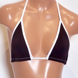 Sugarpuss SPORTY BIKINI TOP, Matte Black with White Trim Triangle Bikini Top, 80s Sporty Bikini Top, Retro Swimwear