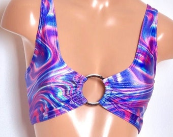 Sugarpuss HOLOGRAM BIKINI TOP, Ring Swim Top in Blue Swirl Hologram, Shiny Blue Metallic Swimwear, Rave Wear