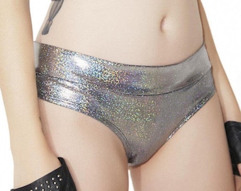 Sugarpuss LOWRISE BRAZILIAN BOTTOMS in Silver Hologram, Cheeky Shorts, Cosplay Rave Festival Clothing