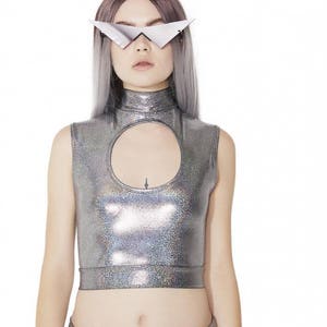 Sugarpuss KEYHOLE MOCK TURTLENECK Top, Silver Metallic, Hologram Crop Top, Dancewear, Edm, Festivalwear, Costume