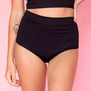 Sugarpuss HIGHWAIST CHEEKY SHORTS, Solid Black Booty Shorts, Retro Pin-Up Style Bottoms, Rave Shorts, Cosplay Costume