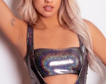 Sugarpuss BANDEAU TUBE TOP in Silber Hologramm, Holo Lycra Tube Top, Bikini Top, Aerobic Top