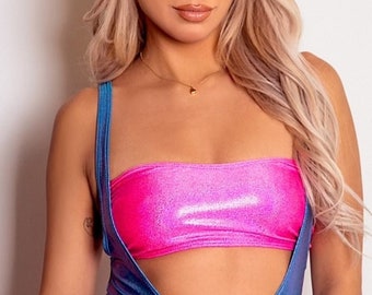 Sugarpuss HOLOGRAM BANDEAU TOP in Neon Pink, Bikini Tube Top, Metallic Swimsuit, Rave Festival 80s Cosplay