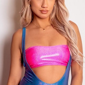 Sugarpuss HOLOGRAM BANDEAU TOP in Neon Pink, Holo Lycra Tube Top, Metallic Bikini Swimsuit Top, Aerobics Top
