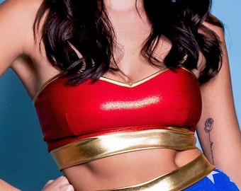 Sugarpuss STAR SUPERHEROINE BUSTIER, Classic Bustier Tube Top, Cosplay Costume, Red and Gold Metallic
