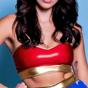 Sugarpuss STAR SUPERHEROINE BUSTIER, Classic Bustier Tube Top, Cosplay Costume, Red and Gold Metallic