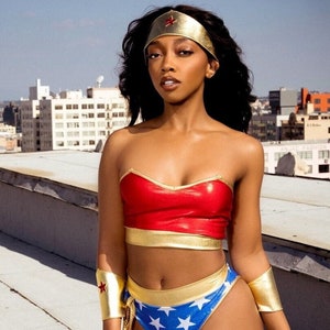Sugarpuss STAR SUPERHEROINE COSTUME Set, Red Metallic Tube Top and Hologram Stars Highcut Scrunchback Bottoms with Lasso, Cosplay Costume