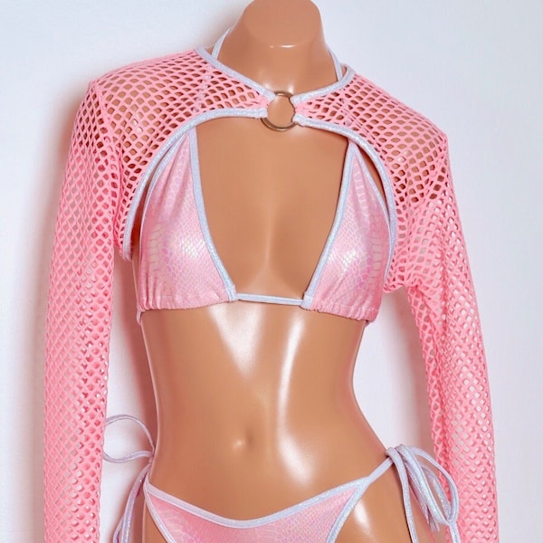 Sugarpuss LONG SLEEVE SHRUG with Center Ring in Pink Diamond Mesh with White Hologram Trim and Long Sleeves, Festival Vibes