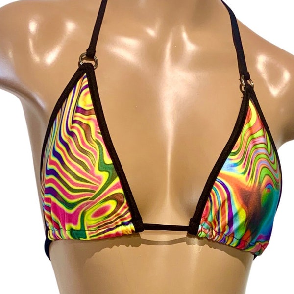 Sugarpuss ACID SWIRL BIKINI Top With Rings and Black Trim, Triangle Bikini Top, 80s 90s Swimwear