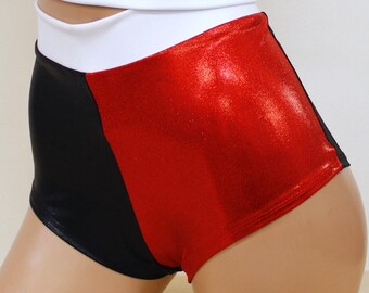 Sugarpuss HARLEQUIN HIGHWAIST SHORTS, Red and Black Cheeky Bottoms, Jester Cosplay Costume